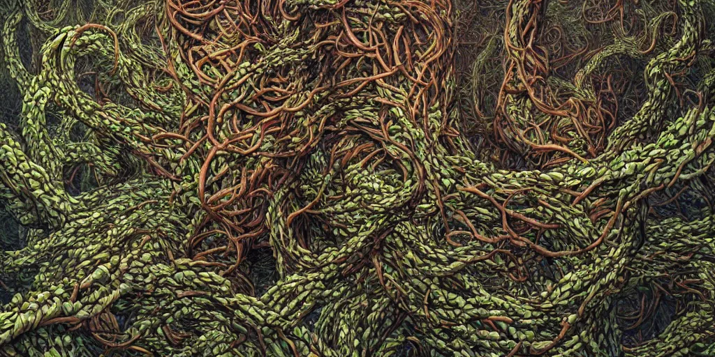 Image similar to the word FLEX made of extremely thick vines intertwined, central composition, high saturation, epic lighting, in the style of Peter gric and Hannah yata 8k