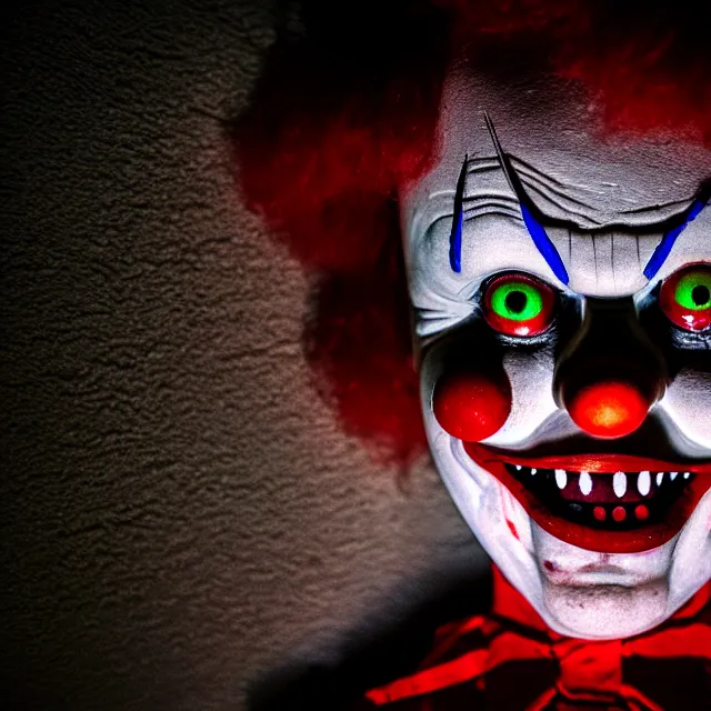 Image similar to creepy clown in your house at night, 8 k, hdr, smooth, award - winning photo