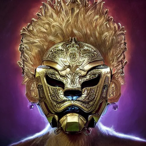 Image similar to Very very very very highly detailed epic photo of face with scared lion venetian mask, intricate, dystopian, sci-fi, extremely detailed, digital painting, artstation, concept art, smooth, sharp focus, illustration, intimidating lighting, incredible art by Artgerm and Vincent di Fate