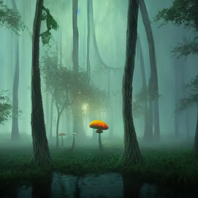 Image similar to a misty swamp with giant mushrooms, at night, beautiful lighting, mystical colors, octane, 4 k, trending on artstation