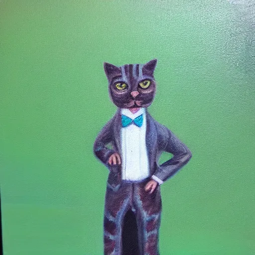 Image similar to oil painting of a bipedal cat in suit,