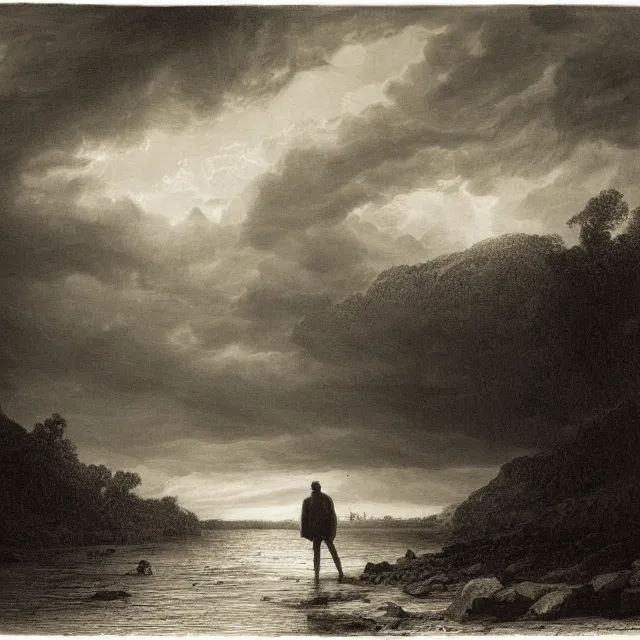 Image similar to an engraving of man in shorts standing in a shallow river by gustave dore, caspar david friedrich, foggy, depth, strong shadows, stormclouds, illuminated focal point, highly detailed