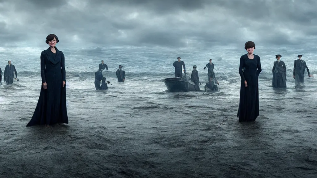 Image similar to photo of Helen McCrory coming out of the ocean, extreme detailed face, Peaky Blinders crew on the background, film still from the movie directed by Denis Villeneuve with art direction by Zdzisław Beksiński, wide lens