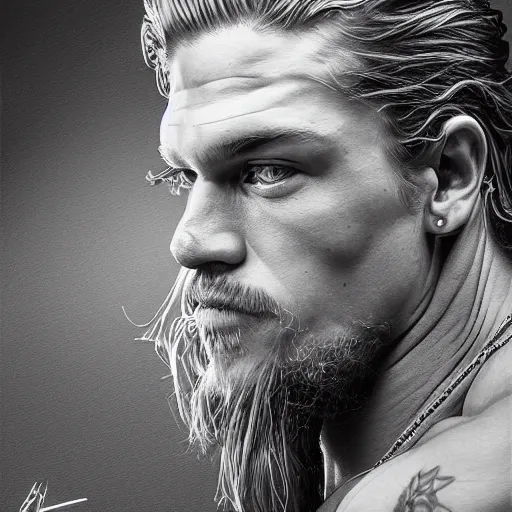 Image similar to Portrait of Jax Teller, muscular torso, intricate upper body, highly detailed, digital painting, artstation, concept art, smooth, sharp focus, illustration, art by Hajime Sorayama