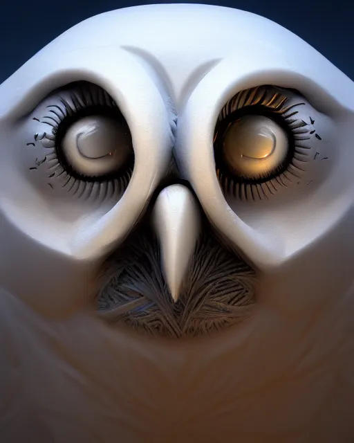 Prompt: an extremely detailed masterpiece surreal closeup of a snow owls face, in the style of brian froud, brian despain, brian bolland, digital art, unreal engine, volumetric lighting, dark moody lighting, post apocalyptic, 4 k