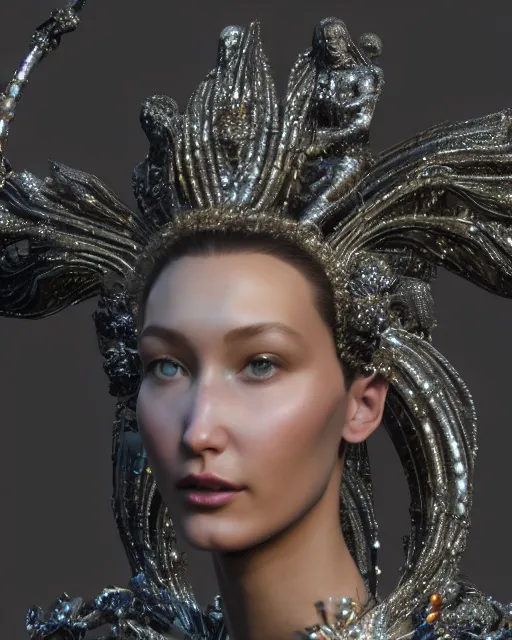 Image similar to a highly detailed metahuman 4 k close up render of an alien goddess bella hadid monument renaissance in iris van herpen dress schiaparelli in diamonds crystals swarovski and jewelry iridescent in style of alphonse mucha gustav klimt trending on artstation made in unreal engine 4