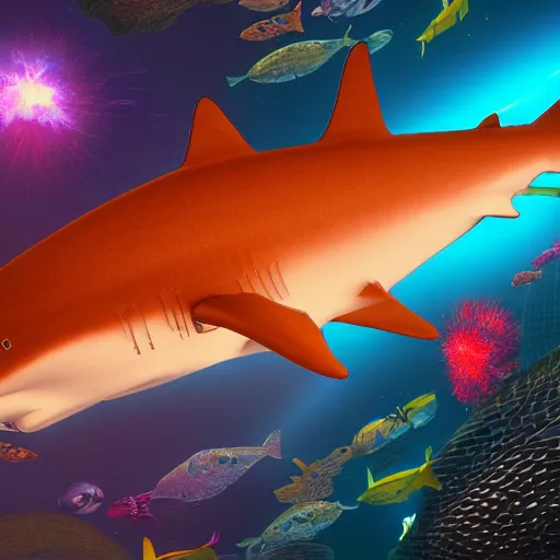 Image similar to Cosmic Shark for maintenance by an unprofessional cyber mackerel, colourful explosion behind. 4K 64 megapixels 8K resolution DSLR filmic HDR Kodak Ektar wide-angle lens 3D shading Behance HD CGSociety Cinema 4D IMAX shadow depth rendered in Blender Unreal Engine hyperrealism photoillustration, lots of reflective surfaces, subsurface scattering