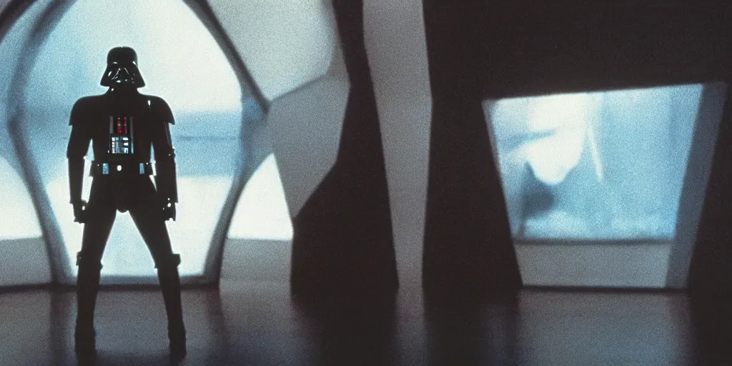 Image similar to a still from a film of a dark figure standing in front of a large window with a live action STAR WARS space battle, 35mm, directed by George Lucas, miniatures, ILM