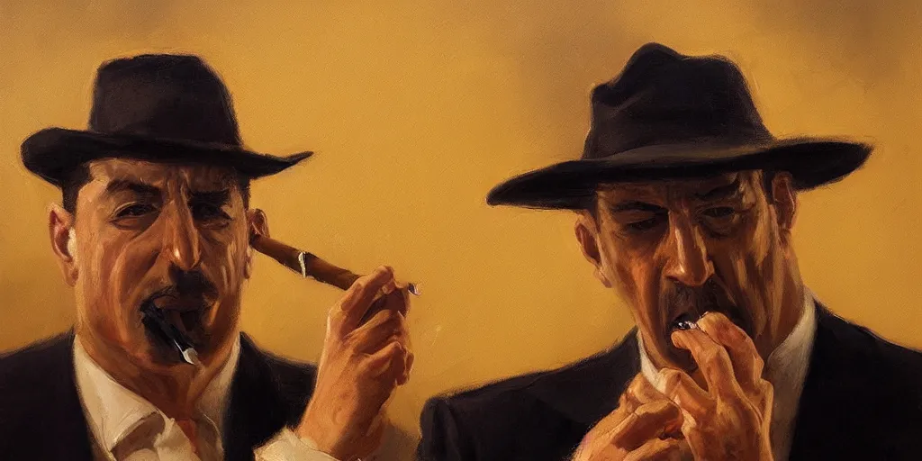 Prompt: abstract oil matte portrait painting, mafia boss smoking a cigar at his 5 0 s new york office desk, wonderful masterpiece highly detailed, beautiful cinematic light deep focus, elegant, digital painting, smooth, sharp focus, golden ratio, dramatic illumination, ultra realistic, 8 k, art by jimmy law