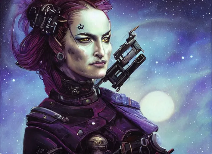 Image similar to portrait of female space pirate, night sky background, beautiful! coherent! by brom, deep color, strong line, high contrast