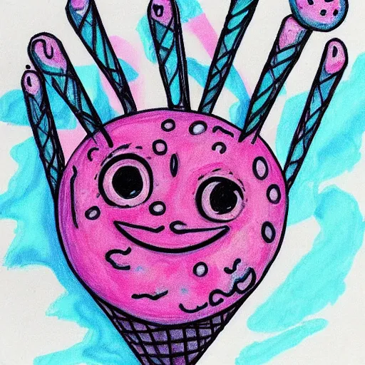 Prompt: cute wobbly eyes mouth pink ice cream, blue waffle cone, 2 0 2 2 intricate concept art, line drawing