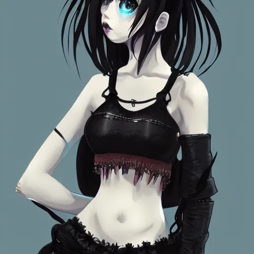 Prompt: goth anime girl in mini skirt and crop top intricate, extremely detailed, digital painting, artstation, concept art, smooth, sharp focus, illustration, sensual lighting, incredible art,