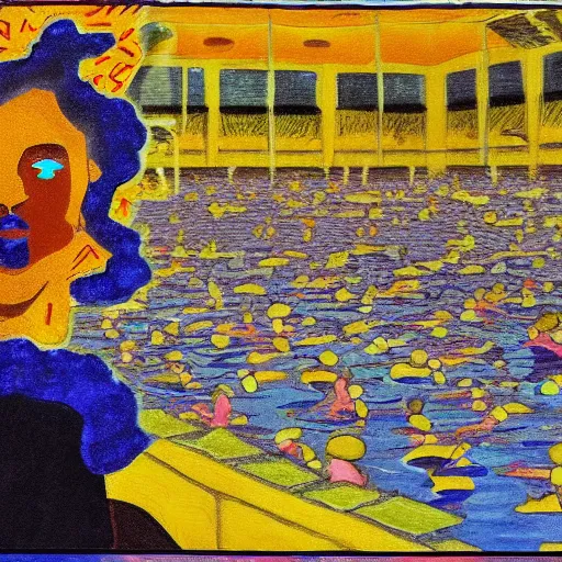 Image similar to when the art knowledge of ai trained by millennials, is like swimming in the yellow tinted wading pool at the community swimming center