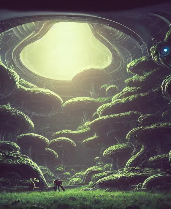 Image similar to simplicity, a simple bunker made out of exotic fungus, overgrown with weird smooth fungus and tendrils, spaceship, sci - fi, robots, noon, somber, partly cloudy, by dan mumford, yusuke murata, makoto shinkai, ross tran, cinematic, unreal engine, cel shaded, featured on artstation, pixiv