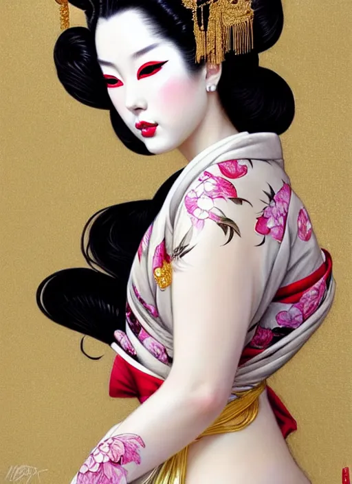 Prompt: glamorous and sexy Geisha portrait, beautiful pale makeup, pearlescent skin, curvy, elegant pose, very detailed face, highly detailed kimono, photorealism, portrait by Magali Villeneuve and Steve Argyle,Livia Prima,Mucha,dress,fantasy art,beautiful,artstation,trending on artstation,intricate details,alluring,masterpiece