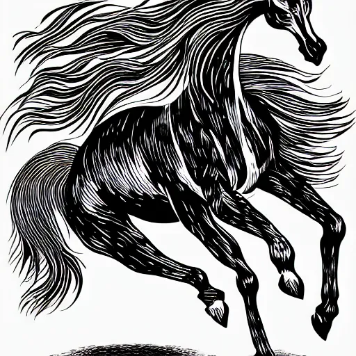 Prompt: a black and white vector based illustration by Junji Ito of a galloping flaming horse done in Adobe illustrator, black ink shading on white background