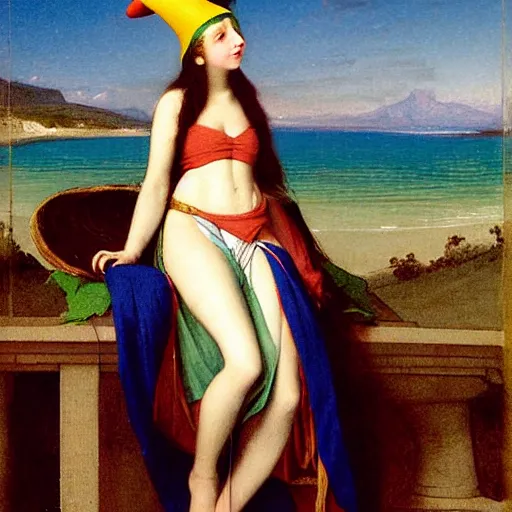 Image similar to A girl with jester hat and clothes on the front of a Balustrade with a beach on the background, major arcana, by paul delaroche, hyperrealistic