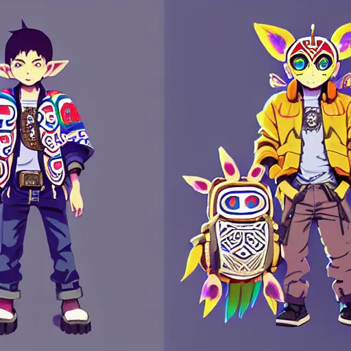 Image similar to majora majora's mask wearing oversized mayan bomber jacket with overalls, bulky poofy bomber jacket with mayan patterns, aztec street fashion, botw art style, gapmoe yandere grimdark, trending on pixiv fanbox, painted by greg rutkowski makoto shinkai takashi takeuchi studio ghibli, akihiko yoshida