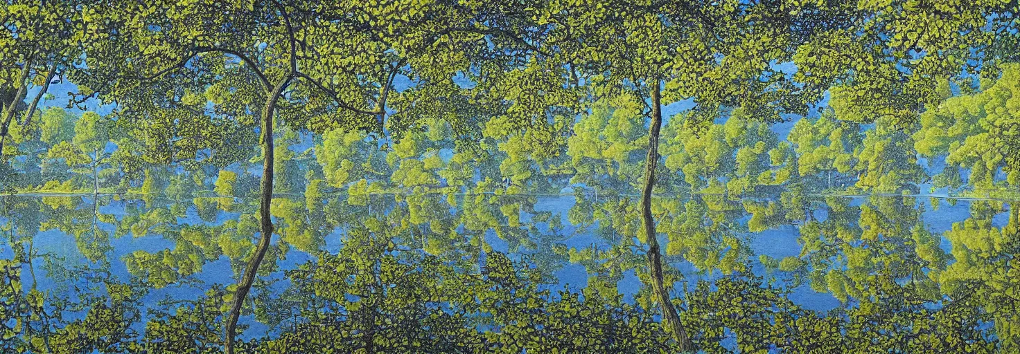 Image similar to escher painting of a lake, big trees reflecting on lake surface, ultra sharp, ultra detailed, colorized by salvador