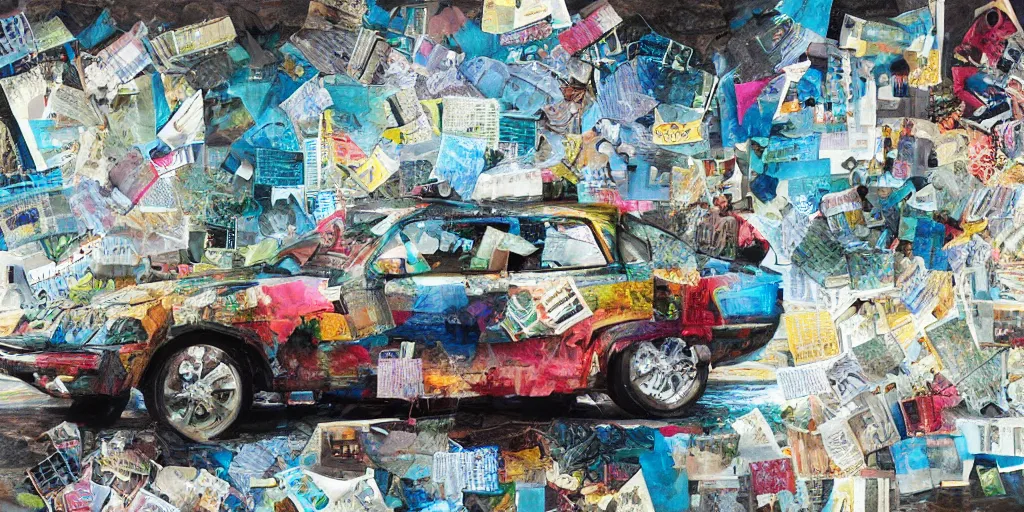 Image similar to car wash, collage paper and tape, acrylic on canvas and hyperrealism mixed with collage, high resolution, cinematic, unreal 6, breathtaking detailed, by peter bankov