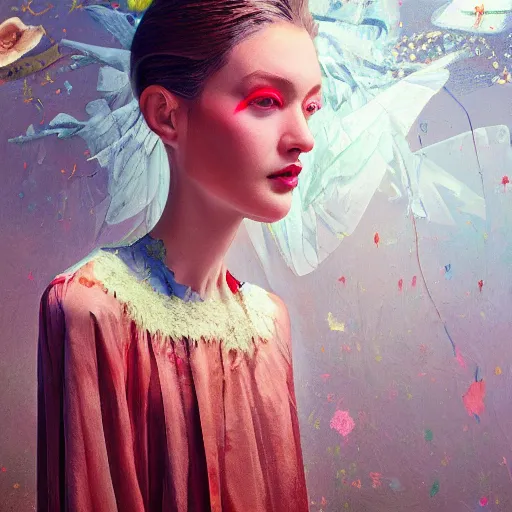 Image similar to 3 d, happy fashion model looks into the frame, intricate oil painting, high detail, figurative art, multiple exposure, poster art, 3 d, by stanley kubrick and tooth wu and wlop and beeple