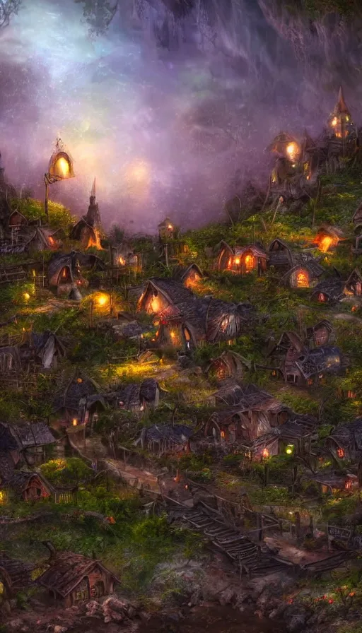 Prompt: a ground photo of a goblin village near a river at night, photorealistic, 8k, high detail, high quality, dramatic lighting, HDR