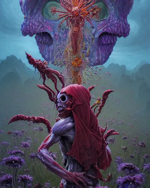 Prompt: the platonic ideal of flowers, rotting, insects and praying of cletus kasady carnage thanos davinci dementor chtulu mandala ponyo dinotopia the witcher, fantasy, ego death, decay, dmt, psilocybin, concept art by randy vargas and greg rutkowski and zdzisław beksinski