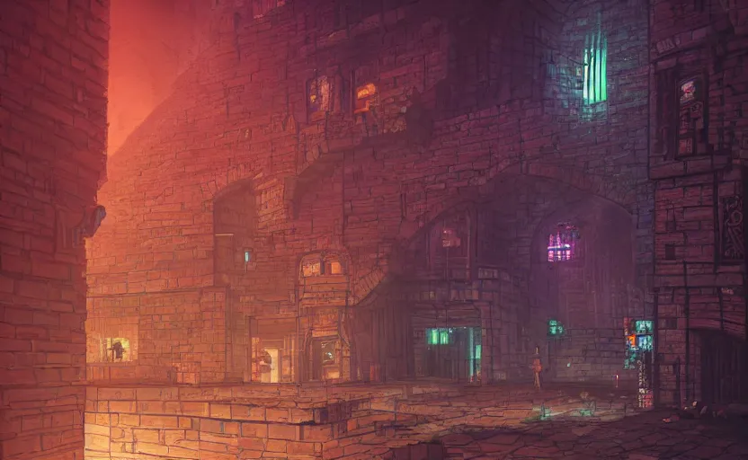 Image similar to a cyberpunk medieval castle, stone brick walls, vincent lefevre, neon lights