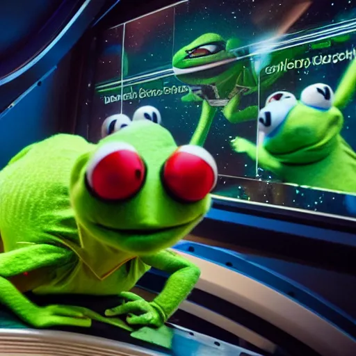 Image similar to a highly detailed portrait of Kermit the frog piloting a spaceship, lots of displays, dramatic lighting, realistic 8k photography