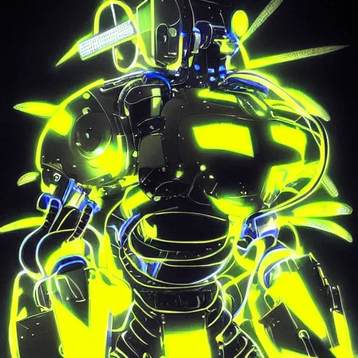 Image similar to the headless full - metal kerberos robot sirius in electrical wired neon yellow noir outfit, with eye - shaped neon lights in its torso, anime poster by yoji shinkawa, artgerm, esao andrews and yoshitaka amano