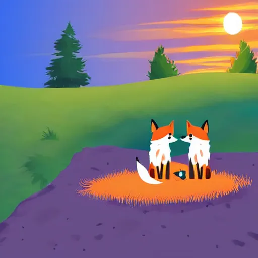 Prompt: a fox and a wolf having a picnic together on the top of a scenic hill at sunrise, storybook illustration