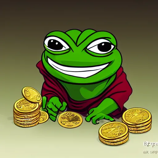 Image similar to super rich happy pepe, coins, gold, crystals, greg rutkowski