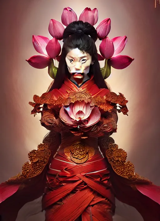 Image similar to ultra realistic illustration, portrait of a wrathful red samurai warrior woman holding a lotus flower, intricate, elegant, highly detailed, lotus flower, digital painting, artstation, concept art, smooth, sharp focus, illustration, art by artgerm and greg rutkowski and alphonse mucha and wlop