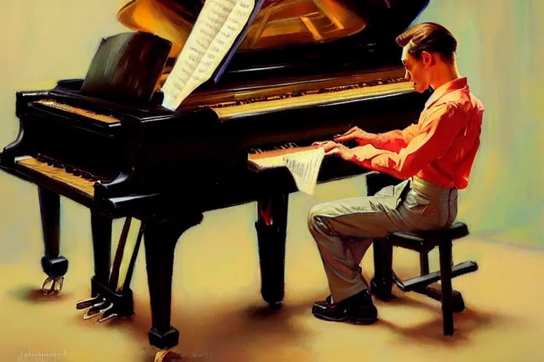 Image similar to attractive male playing piano, painting by vladimir volegov, norman rockwell, tom of finland, trending on artstation