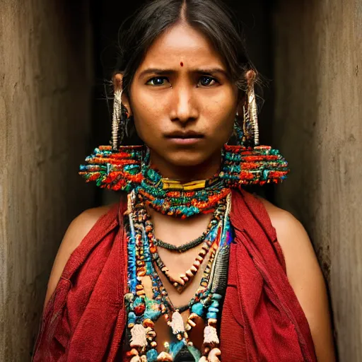 Image similar to portrait of a stunningly beautiful alluring nepalese tribal female, depth of field, zeiss lens, detailed, symmetrical, centered, fashion photoshoot, by annie leibovitz and steve mccurry, david lazar, jimmy nelsson, breathtaking, 8 k resolution, extremely detailed, beautiful, establishing shot, artistic, hyperrealistic, beautiful face, octane render