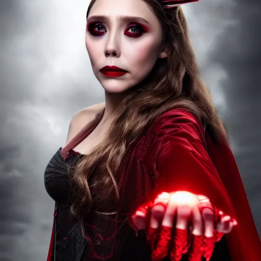 Image similar to Elizabeth Olsen as the Scarlet Witch in gothic attire and gothic makeup, trending on artstation, gloomy atmosphere, photorealistic facial features, 4k, 8k