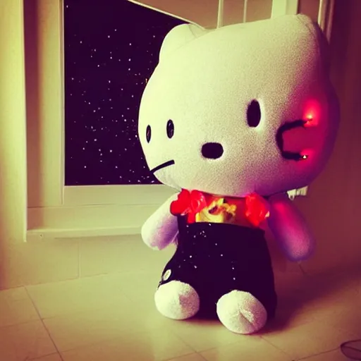 Image similar to “burning flaming hello kitty plush doll falling from the night sky, explosion burning glowing particles everywhere raining down from dark black sky into a dark cornfield. Flash photo.”