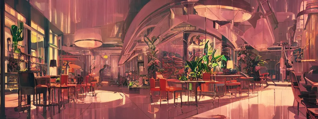 Prompt: concept art, retro - futurist speakeasy, reflections, night lighting, designer furniture, high ceiling, 6 0 s colour palette, plants, flowers, floor lamps, multi - level, soft lighting, city view, bladerunner, james jean, syd mead, akihiko yoshida, cinematic