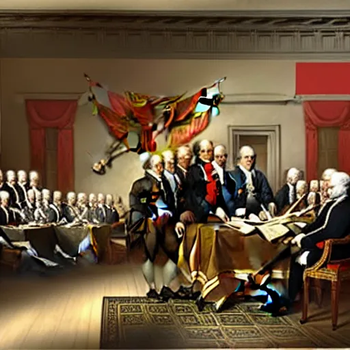 Prompt: four dog army officers standing around signing the declaration of independence, art by cassius marcellus coolidge and jacque - louis david, intricate detail, cinematic, 8 k, cel shaded, unreal engine, featured on artstation, pixiv