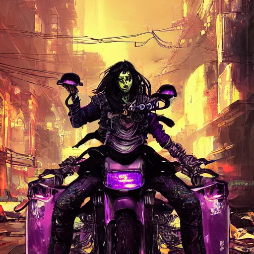 Image similar to portrait painting of a street samurai with long purple hair riding a motorcycle through a burning cyberpunk slum, glitch, concept art, intricate details, eerie, highly detailed, art by tsutomu nihei