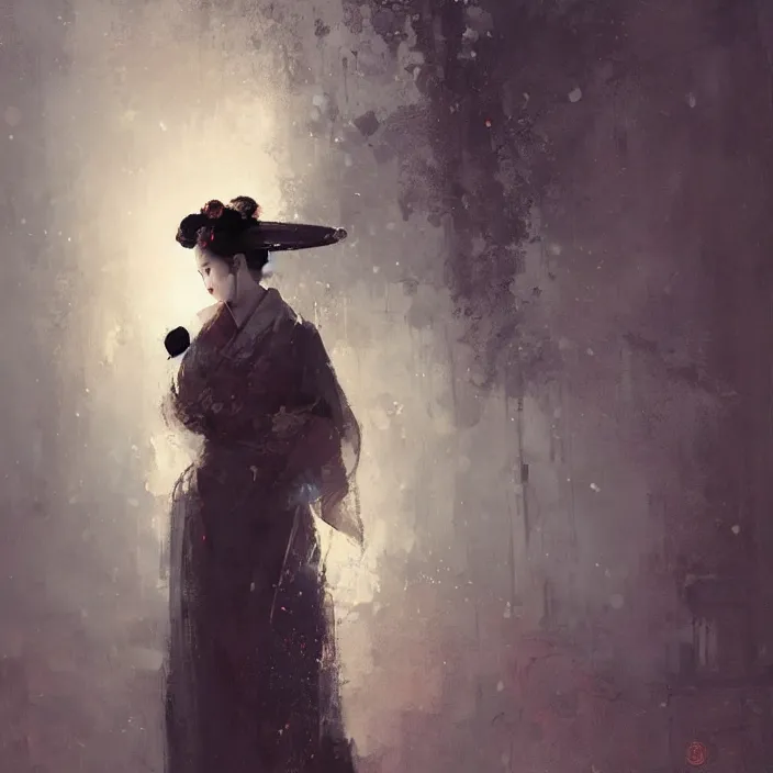 Image similar to female geisha girl, beautiful face, rule of thirds, intricate outfit, spotlight, by greg rutkowski, by jeremy mann, digital painting