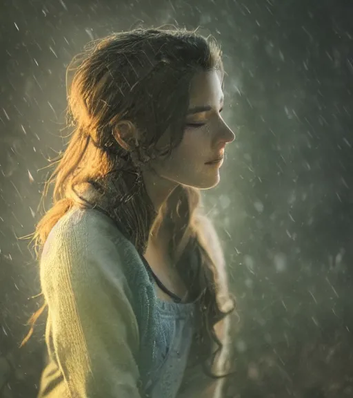 Image similar to beautiful aerith gainsborough, face centered portrait, cottagecore, confident, fog, rain, volumetric lighting, soft light particles floating near her, rim light, beautiful, golden hour, sharp focus, ultra detailed, cgsociety by leesha hannigan, ross tran, thierry doizon, kai carpenter, ignacio fernandez rios