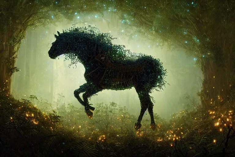 Image similar to a stunning swarm of fireflies forming a horse with a thick mane of bioluminescent vines and flowers running through the woods by greg rutkowski, high key lighting, volumetric light, digital art, highly detailed, fine detail, intricate, ornate, complex, octane render, unreal engine, photorealistic