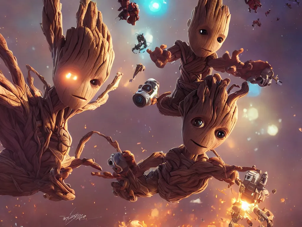 Image similar to baby groot from guardians of the galaxy!, cinematic volumentric lighting, jim cheung, david marquez, mike deodato jr, ilya kuvshinov, makoto shinka, behance hd by jesper ejsing, by rhads, hyper detailed, octane render, concept art, trending on artstation