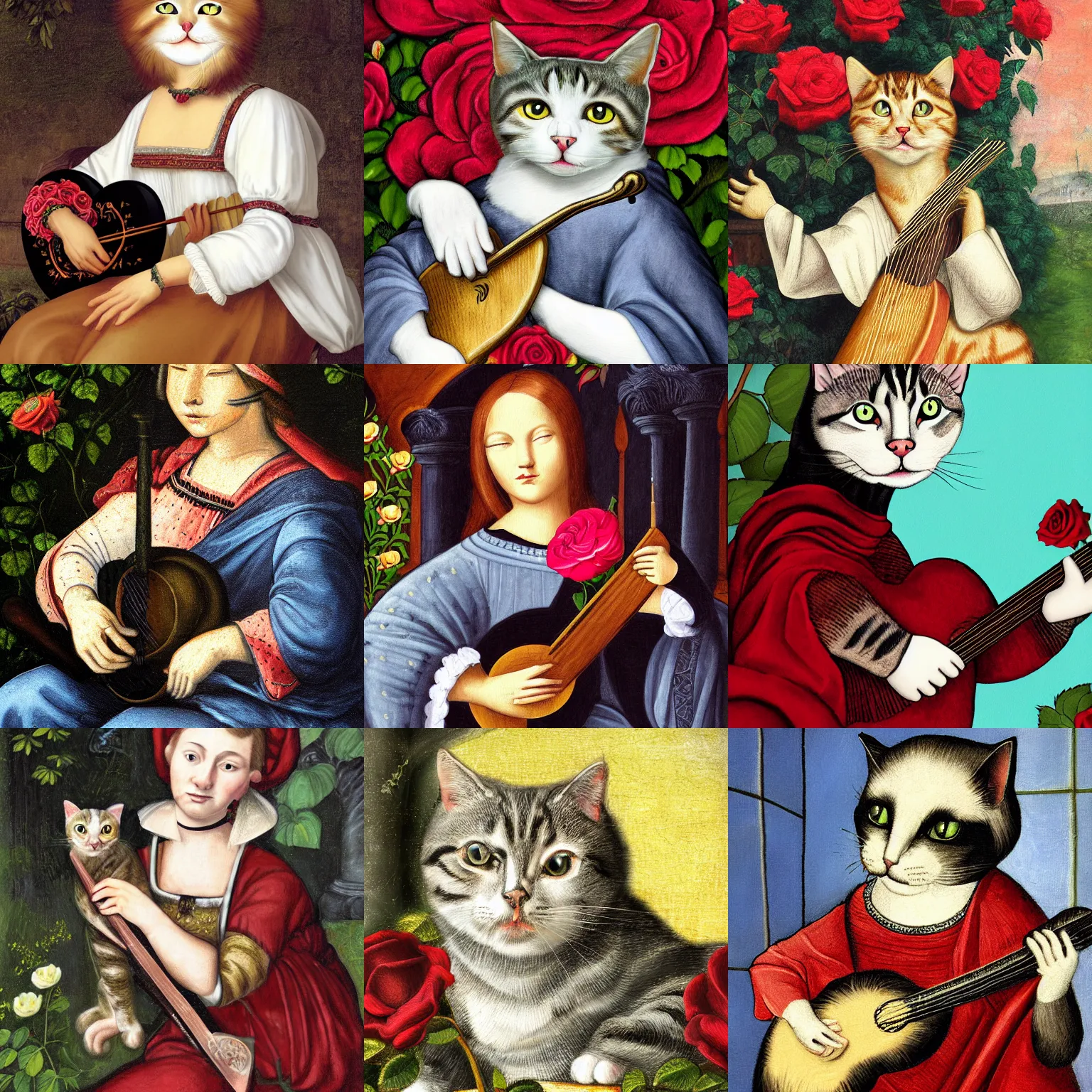 Prompt: cat with lute, sitting in the rose garden, medieval portrait, digital art, close up