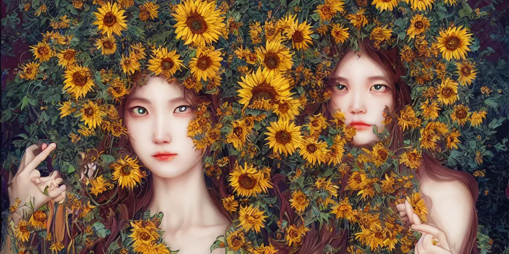 Prompt: breathtaking detailed concept art painting of the goddess of sunflower flowers, orthodox saint, with anxious, piercing eyes, ornate background, amalgamation of leaves and flowers, by Hsiao-Ron Cheng, James jean, Miho Hirano, Hayao Miyazaki, extremely moody lighting, 8K