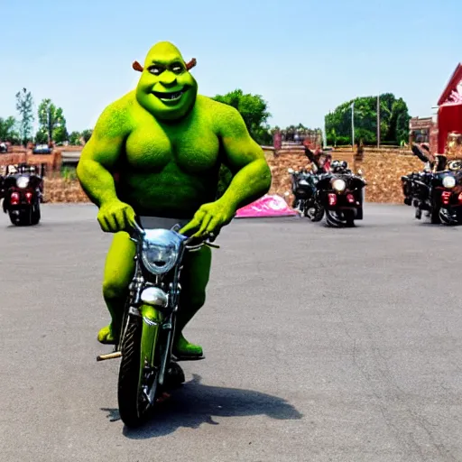 Image similar to shrek doing motorcycle wheelie