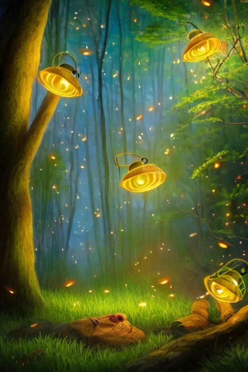 Prompt: Cute fireflies in a magical forest, oil canvas art by Basia tran fader, Katie Risor, Sandie Sonke and Maurice Sendak, 8k, ultra realistic , lens flare, atmosphere, glow, detailed,intricate, full of colour, cinematic lighting, trending on artstation, 4k, hyperrealistic, focused, extreme details,unreal engine 5, cinematic, masterpiece