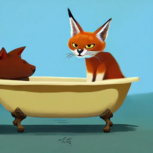 Image similar to Goro Fujita illustrating photo of a cute caracal in a bathtub