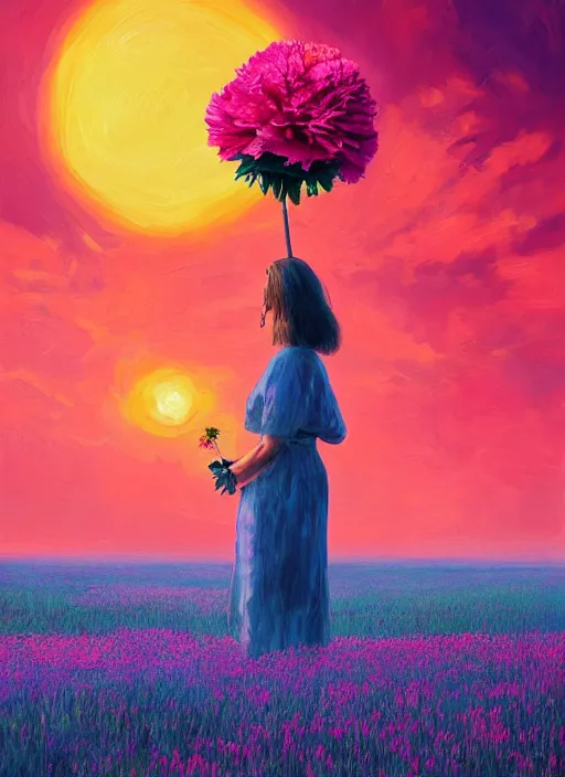 Image similar to woman with a giant carnation as a face, flower field, surreal photography, sunset dramatic light, impressionist painting, colorful clouds, blue sky, digital painting, artstation, simon stalenhag